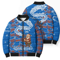 Scotland Christmas Bomber Puffer Jacket with Santa Playing Bagpipes and Blue Red Tartan Music Notes - Wonder Print Shop