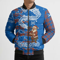 Scotland Christmas Bomber Puffer Jacket with Santa Playing Bagpipes and Blue Red Tartan Music Notes - Wonder Print Shop