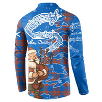 Scotland Christmas Button Sweatshirt with Santa Playing Bagpipes and Blue Red Tartan Music Notes - Wonder Print Shop