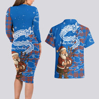 Scotland Christmas Couples Matching Long Sleeve Bodycon Dress and Hawaiian Shirt with Santa Playing Bagpipes and Blue Red Tartan Music Notes - Wonder Print Shop