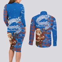 Scotland Christmas Couples Matching Long Sleeve Bodycon Dress and Long Sleeve Button Shirt with Santa Playing Bagpipes and Blue Red Tartan Music Notes - Wonder Print Shop