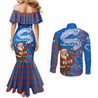 Scotland Christmas Couples Matching Mermaid Dress and Long Sleeve Button Shirt with Santa Playing Bagpipes and Blue Red Tartan Music Notes - Wonder Print Shop