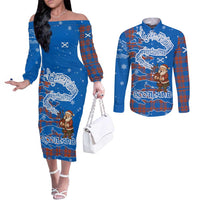 Scotland Christmas Couples Matching Off The Shoulder Long Sleeve Dress and Long Sleeve Button Shirt with Santa Playing Bagpipes and Blue Red Tartan Music Notes - Wonder Print Shop