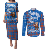 Scotland Christmas Couples Matching Puletasi and Long Sleeve Button Shirt with Santa Playing Bagpipes and Blue Red Tartan Music Notes - Wonder Print Shop