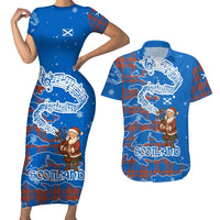 Scotland Christmas Couples Matching Short Sleeve Bodycon Dress and Hawaiian Shirt with Santa Playing Bagpipes and Blue Red Tartan Music Notes - Wonder Print Shop