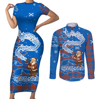 Scotland Christmas Couples Matching Short Sleeve Bodycon Dress and Long Sleeve Button Shirt with Santa Playing Bagpipes and Blue Red Tartan Music Notes - Wonder Print Shop