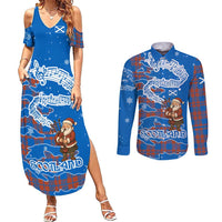 Scotland Christmas Couples Matching Summer Maxi Dress and Long Sleeve Button Shirt with Santa Playing Bagpipes and Blue Red Tartan Music Notes - Wonder Print Shop