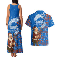 Scotland Christmas Couples Matching Tank Maxi Dress and Hawaiian Shirt with Santa Playing Bagpipes and Blue Red Tartan Music Notes - Wonder Print Shop