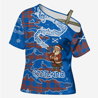 Scotland Christmas Cross Shoulder Shirt with Santa Playing Bagpipes and Blue Red Tartan Music Notes - Wonder Print Shop
