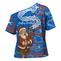 Scotland Christmas Cross Shoulder Shirt with Santa Playing Bagpipes and Blue Red Tartan Music Notes - Wonder Print Shop