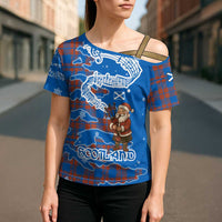 Scotland Christmas Cross Shoulder Shirt with Santa Playing Bagpipes and Blue Red Tartan Music Notes - Wonder Print Shop