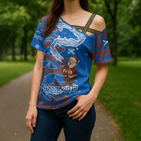 Scotland Christmas Cross Shoulder Shirt with Santa Playing Bagpipes and Blue Red Tartan Music Notes - Wonder Print Shop