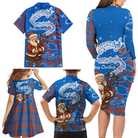 Scotland Christmas Family Matching Long Sleeve Bodycon Dress and Hawaiian Shirt with Santa Playing Bagpipes and Blue Red Tartan Music Notes - Wonder Print Shop