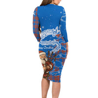 Scotland Christmas Family Matching Long Sleeve Bodycon Dress and Hawaiian Shirt with Santa Playing Bagpipes and Blue Red Tartan Music Notes - Wonder Print Shop