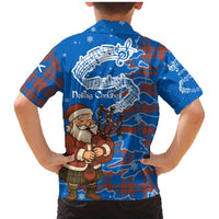 Scotland Christmas Family Matching Mermaid Dress and Hawaiian Shirt with Santa Playing Bagpipes and Blue Red Tartan Music Notes - Wonder Print Shop