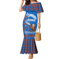 Scotland Christmas Family Matching Mermaid Dress and Hawaiian Shirt with Santa Playing Bagpipes and Blue Red Tartan Music Notes - Wonder Print Shop