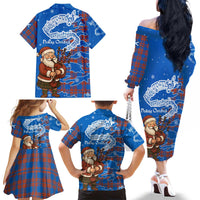 Scotland Christmas Family Matching Off The Shoulder Long Sleeve Dress and Hawaiian Shirt with Santa Playing Bagpipes and Blue Red Tartan Music Notes - Wonder Print Shop