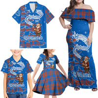 Scotland Christmas Family Matching Off Shoulder Maxi Dress and Hawaiian Shirt with Santa Playing Bagpipes and Blue Red Tartan Music Notes - Wonder Print Shop