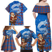 Scotland Christmas Family Matching Off Shoulder Maxi Dress and Hawaiian Shirt with Santa Playing Bagpipes and Blue Red Tartan Music Notes - Wonder Print Shop