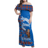 Scotland Christmas Family Matching Off Shoulder Maxi Dress and Hawaiian Shirt with Santa Playing Bagpipes and Blue Red Tartan Music Notes - Wonder Print Shop
