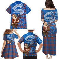 Scotland Christmas Family Matching Puletasi and Hawaiian Shirt with Santa Playing Bagpipes and Blue Red Tartan Music Notes - Wonder Print Shop