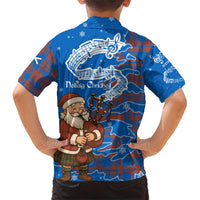 Scotland Christmas Family Matching Short Sleeve Bodycon Dress and Hawaiian Shirt with Santa Playing Bagpipes and Blue Red Tartan Music Notes - Wonder Print Shop