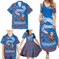Scotland Christmas Family Matching Summer Maxi Dress and Hawaiian Shirt with Santa Playing Bagpipes and Blue Red Tartan Music Notes - Wonder Print Shop