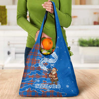 Scotland Christmas Grocery Bag with Santa Playing Bagpipes and Blue Red Tartan Music Notes - Wonder Print Shop