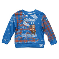 Scotland Christmas Kid Ugly Christmas Sweater with Santa Playing Bagpipes and Blue Red Tartan Music Notes - Wonder Print Shop