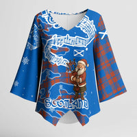 Scotland Christmas Kimono Sleeve Blouse with Santa Playing Bagpipes and Blue Red Tartan Music Notes - Wonder Print Shop