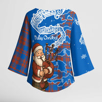 Scotland Christmas Kimono Sleeve Blouse with Santa Playing Bagpipes and Blue Red Tartan Music Notes - Wonder Print Shop