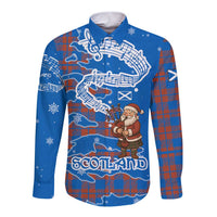 Scotland Christmas Long Sleeve Button Shirt with Santa Playing Bagpipes and Blue Red Tartan Music Notes - Wonder Print Shop