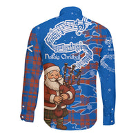 Scotland Christmas Long Sleeve Button Shirt with Santa Playing Bagpipes and Blue Red Tartan Music Notes - Wonder Print Shop