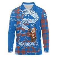 Scotland Christmas Long Sleeve Polo Shirt with Santa Playing Bagpipes and Blue Red Tartan Music Notes - Wonder Print Shop