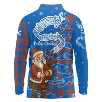Scotland Christmas Long Sleeve Polo Shirt with Santa Playing Bagpipes and Blue Red Tartan Music Notes - Wonder Print Shop