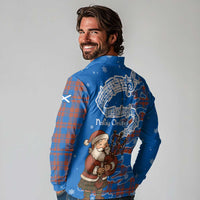 Scotland Christmas Long Sleeve Polo Shirt with Santa Playing Bagpipes and Blue Red Tartan Music Notes - Wonder Print Shop