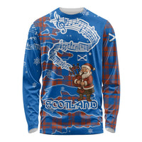 Scotland Christmas Long Sleeve Shirt with Santa Playing Bagpipes and Blue Red Tartan Music Notes - Wonder Print Shop