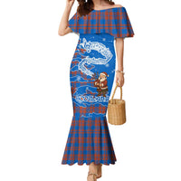 Scotland Christmas Mermaid Dress with Santa Playing Bagpipes and Blue Red Tartan Music Notes - Wonder Print Shop