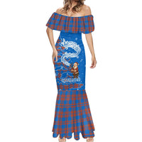 Scotland Christmas Mermaid Dress with Santa Playing Bagpipes and Blue Red Tartan Music Notes - Wonder Print Shop