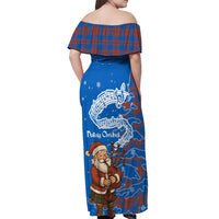 Scotland Christmas Off Shoulder Maxi Dress with Santa Playing Bagpipes and Blue Red Tartan Music Notes - Wonder Print Shop