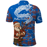 Scotland Christmas Polo Shirt with Santa Playing Bagpipes and Blue Red Tartan Music Notes - Wonder Print Shop