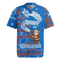 Scotland Christmas Rugby Jersey with Santa Playing Bagpipes and Blue Red Tartan Music Notes - Wonder Print Shop