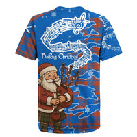 Scotland Christmas Rugby Jersey with Santa Playing Bagpipes and Blue Red Tartan Music Notes - Wonder Print Shop