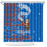 Scotland Christmas Shower Curtain with Santa Playing Bagpipes and Blue Red Tartan Music Notes - Wonder Print Shop