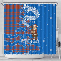 Scotland Christmas Shower Curtain with Santa Playing Bagpipes and Blue Red Tartan Music Notes - Wonder Print Shop
