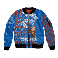 Scotland Christmas Sleeve Zip Bomber Jacket with Santa Playing Bagpipes and Blue Red Tartan Music Notes - Wonder Print Shop