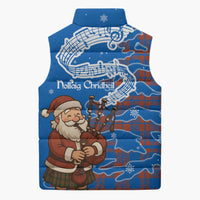 Scotland Christmas Sleeveless Puffer Jacket with Santa Playing Bagpipes and Blue Red Tartan Music Notes - Wonder Print Shop