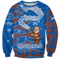 Scotland Christmas Sweatshirt with Santa Playing Bagpipes and Blue Red Tartan Music Notes - Wonder Print Shop
