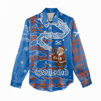Scotland Christmas Women Casual Shirt with Santa Playing Bagpipes and Blue Red Tartan Music Notes - Wonder Print Shop
