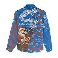 Scotland Christmas Women Casual Shirt with Santa Playing Bagpipes and Blue Red Tartan Music Notes - Wonder Print Shop